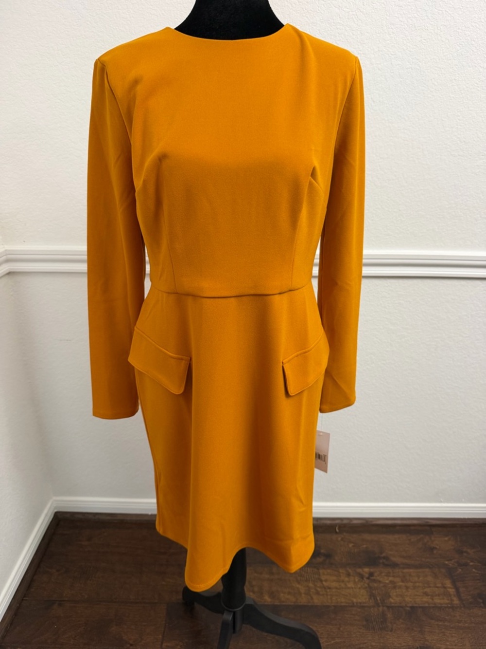 Donna Morgan Long-Sleeve Pocket Sheath Dress in Mustard